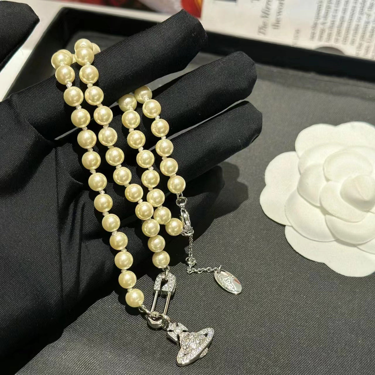 Safety Pin Planet Pendant Pearl Bead Necklace - view 3