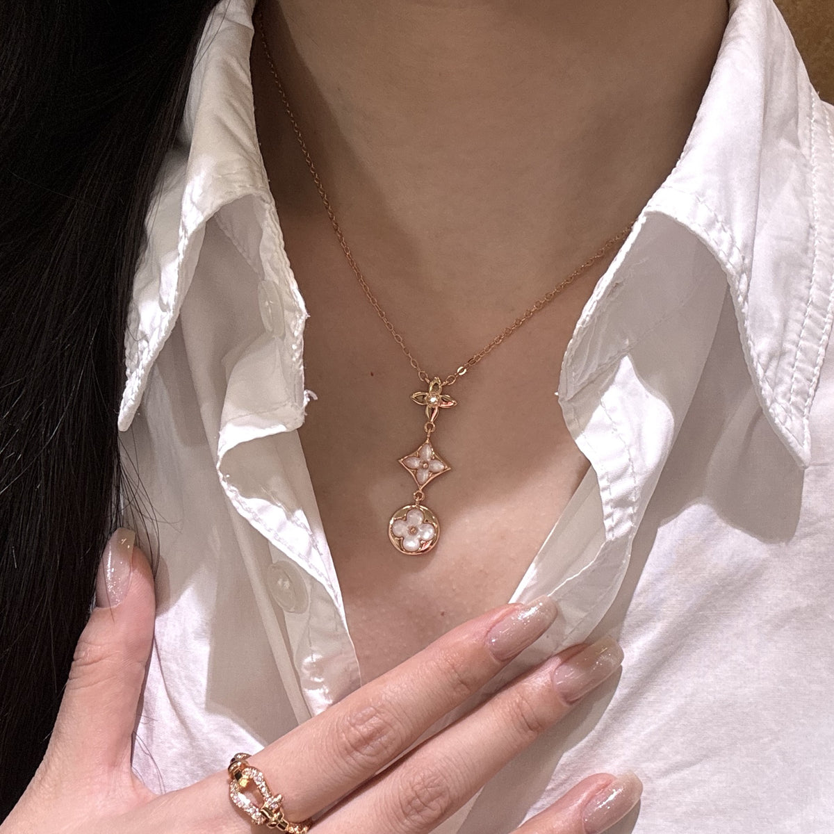 White Floral Geometric Drop Necklace - main view