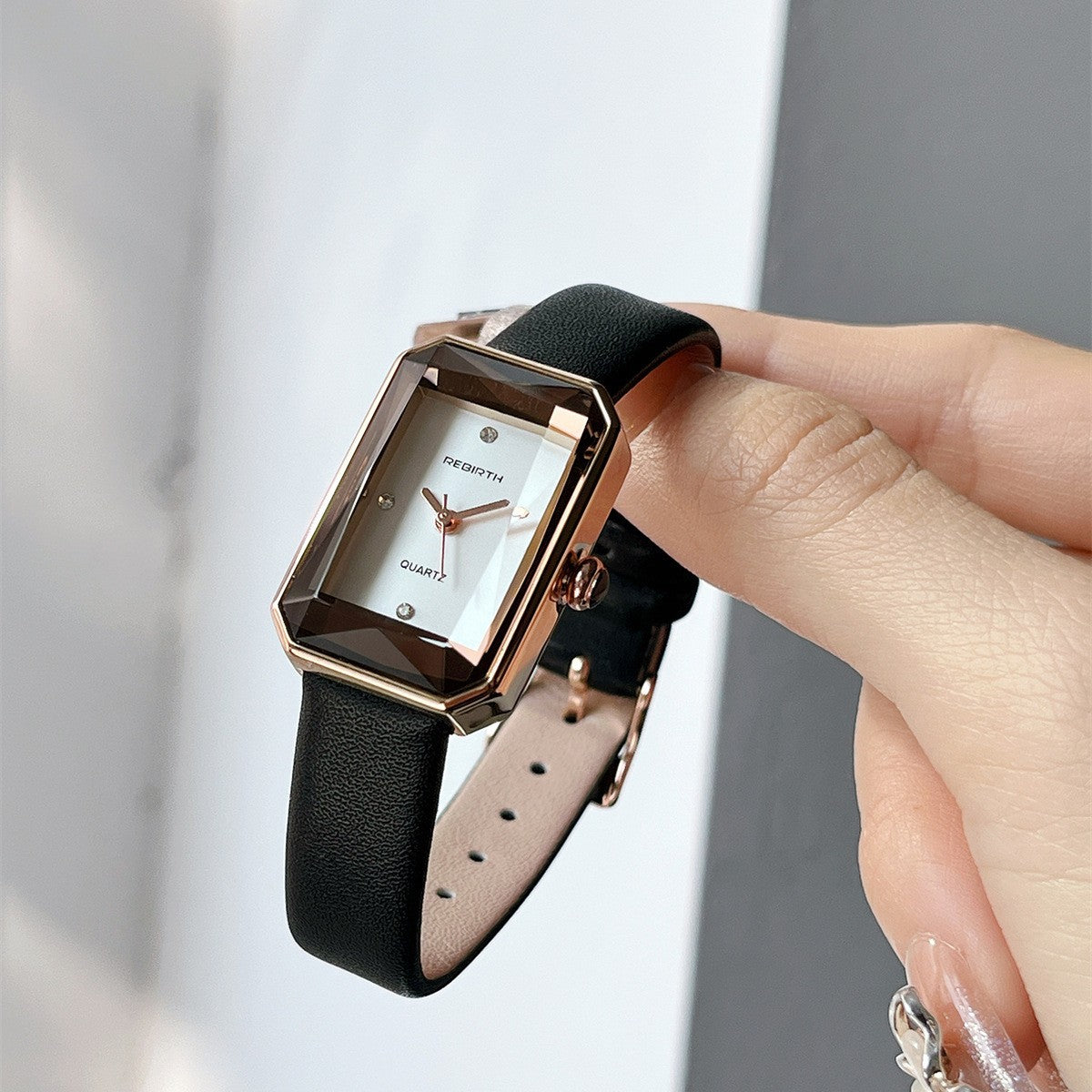 Faceted Rectangular Leather Strap Quartz Watch - view 3