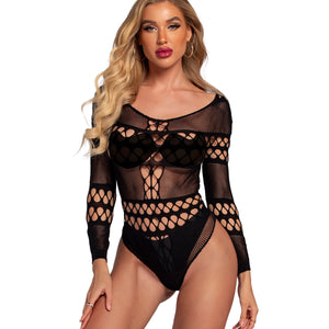 Long-Sleeve Cutout Mesh Bodysuit