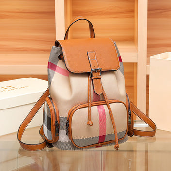 Leather Backpack Women'S 2026 New Fashion Plaid Large-Capacity Casual Backpack Women'S Simple Popular Travel Bag Tide