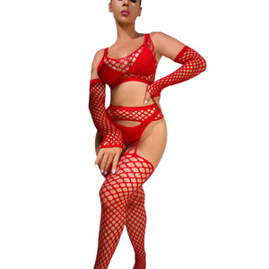 Three-Piece Fishnet Lingerie Set