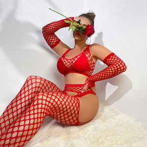 Three-Piece Fishnet Lingerie Set