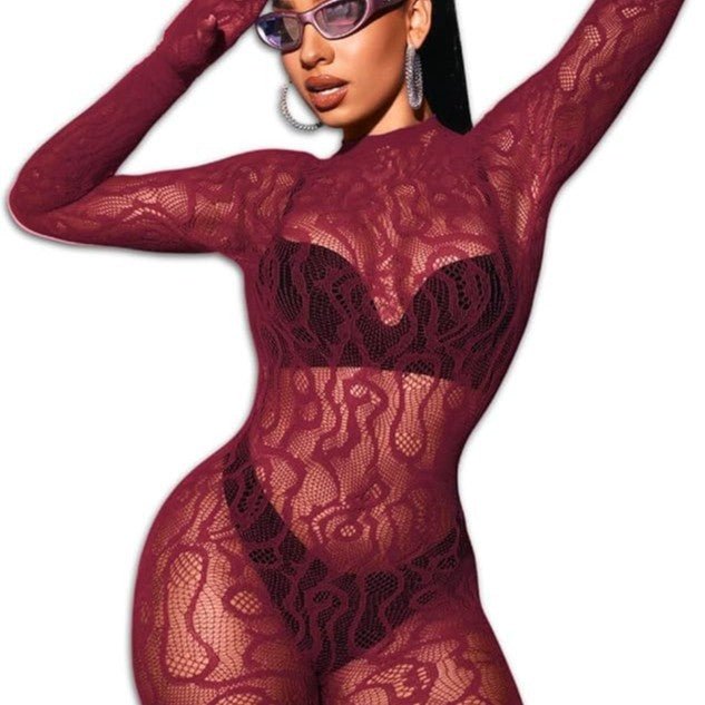 Bow and Floral-Detail Mesh Bodysuit