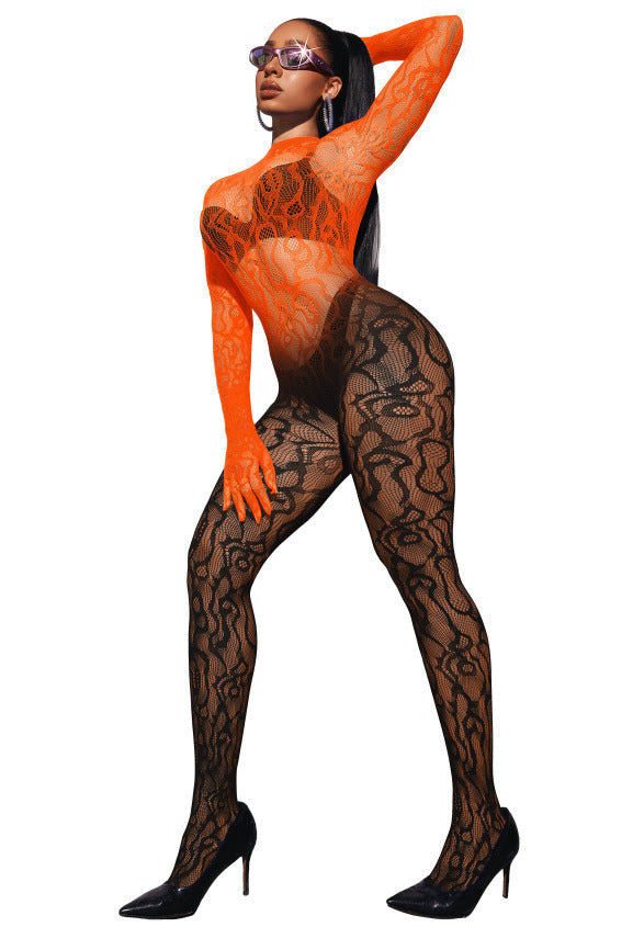 Bow and Floral-Detail Mesh Bodysuit