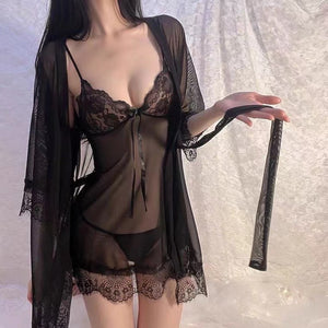 Lace-Trim Slip and Robe Lingerie Set