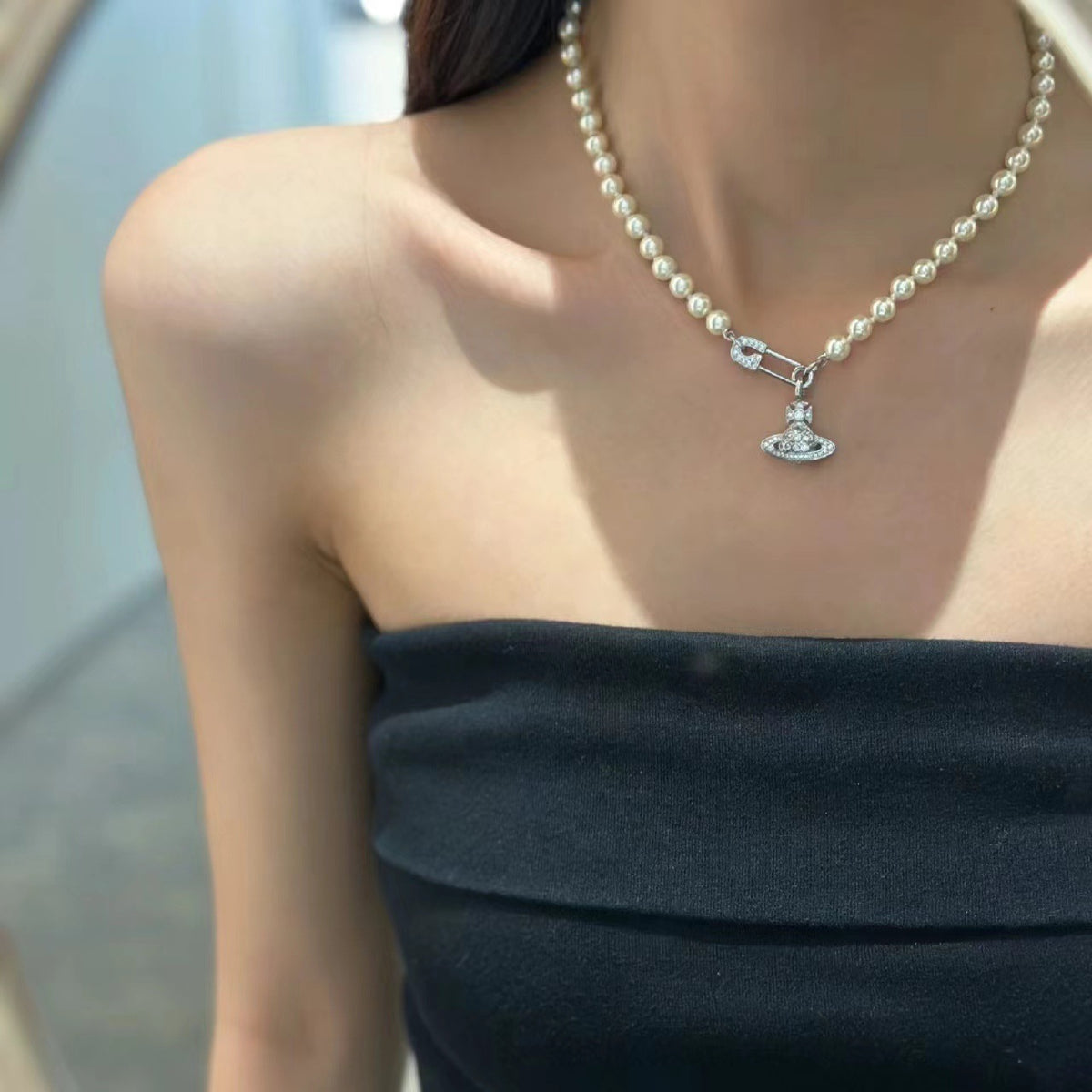Safety Pin Planet Pendant Pearl Bead Necklace - main view