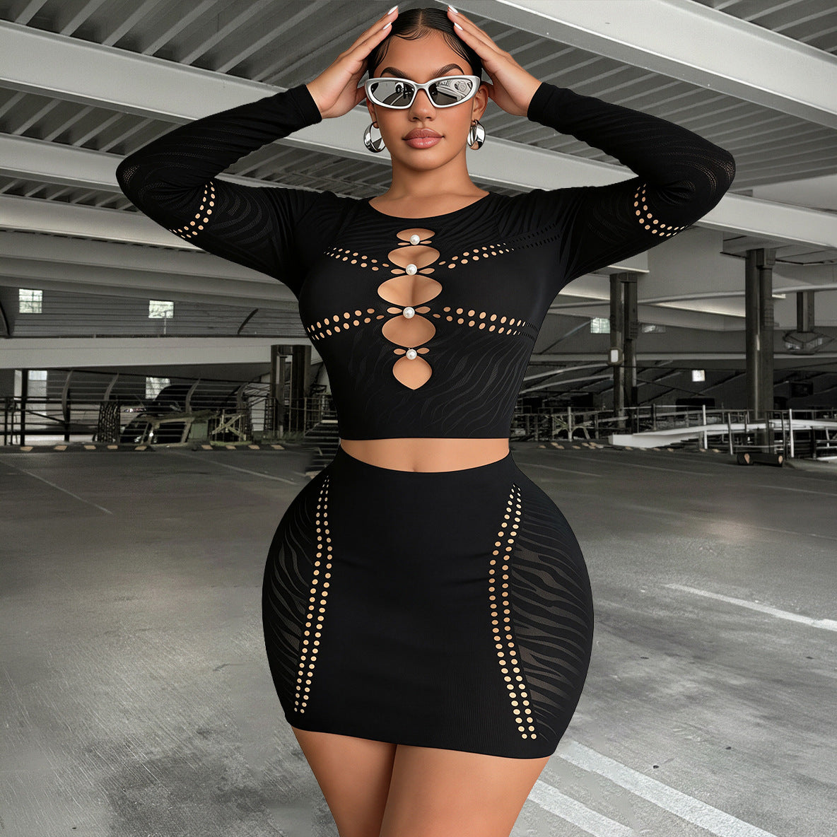 Black Pearl-Detail Knit Two-Piece Set