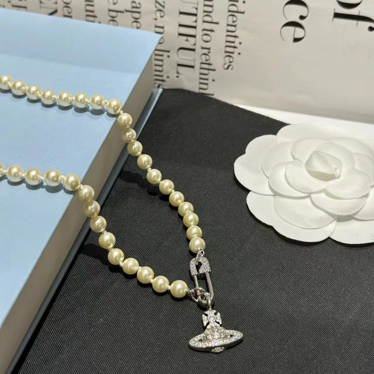 Safety Pin Planet Pendant Pearl Bead Necklace - view 16