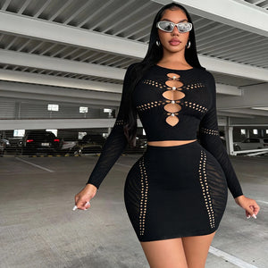 Black Pearl-Detail Knit Two-Piece Set
