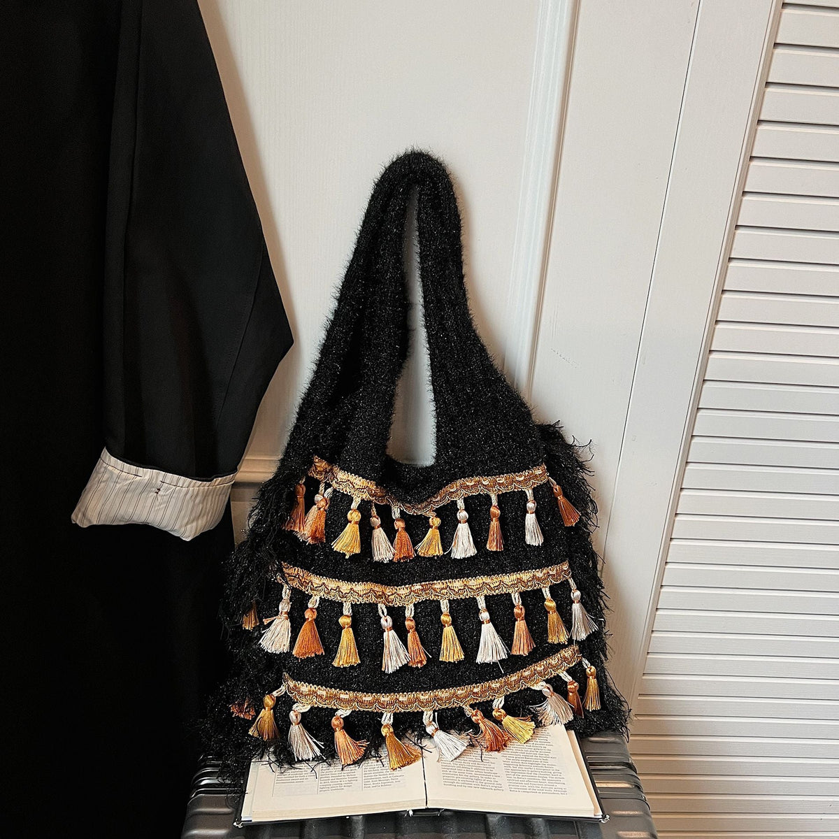 Ethnic Fringed Knitted Shoulder Bag for Women