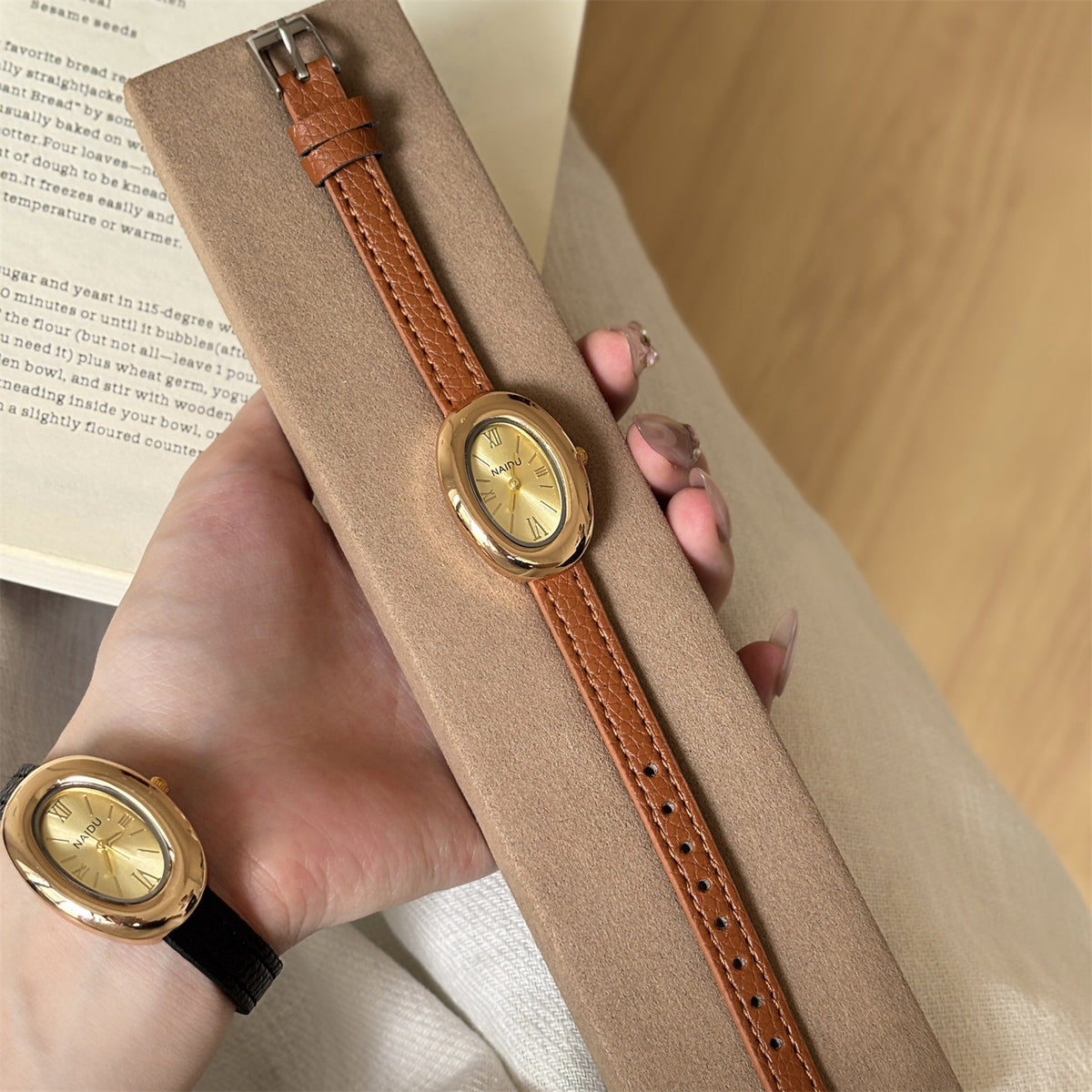 Vintage Oval Leather Strap Quartz Watch - view 5