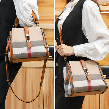 Bucket Bag Women'S 2026 New Popular Fashion Handbag Leather Plaid Shoulder Premium Sense Versatile Oblique Span Bag