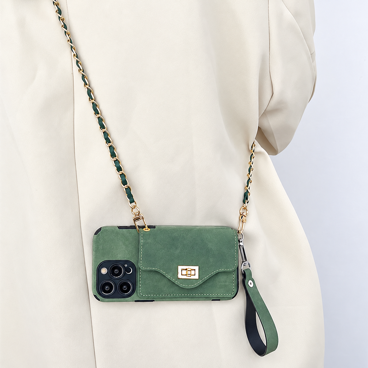 Suede-Look Card Holder Crossbody iPhone Case