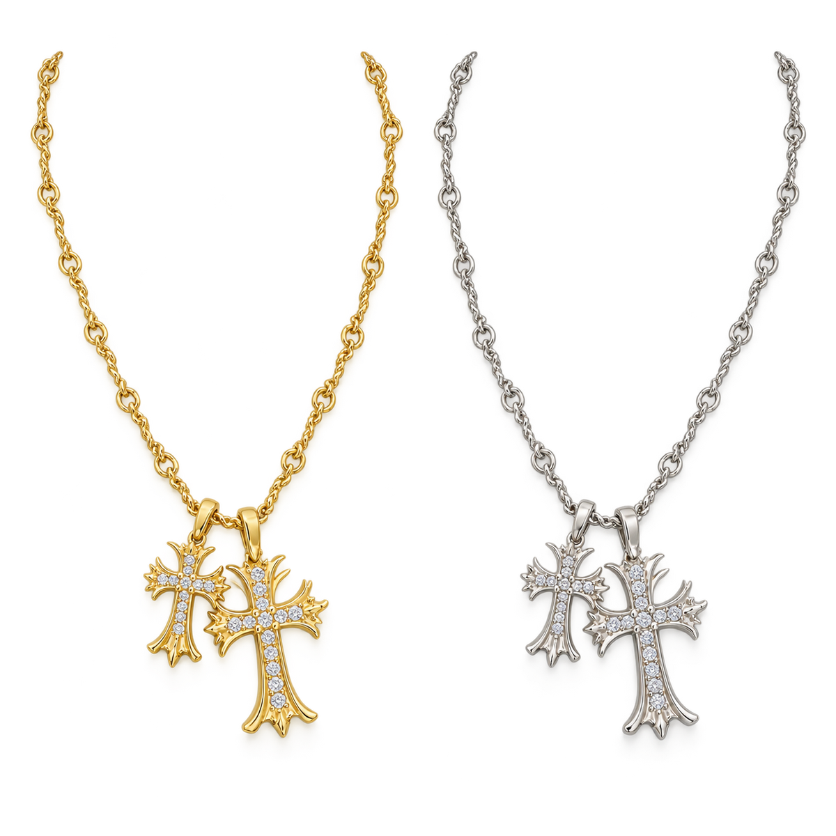 Gothic Pavé Double Cross Necklace Gold Plated