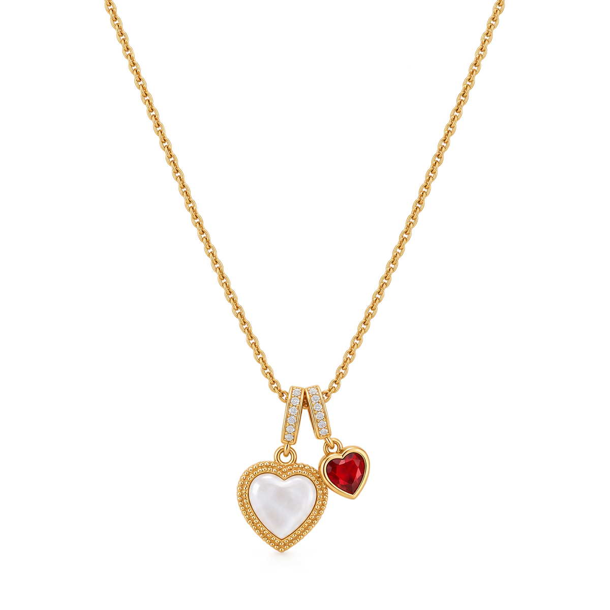 18K Real Gold Plated Ruby Double Heart Necklace