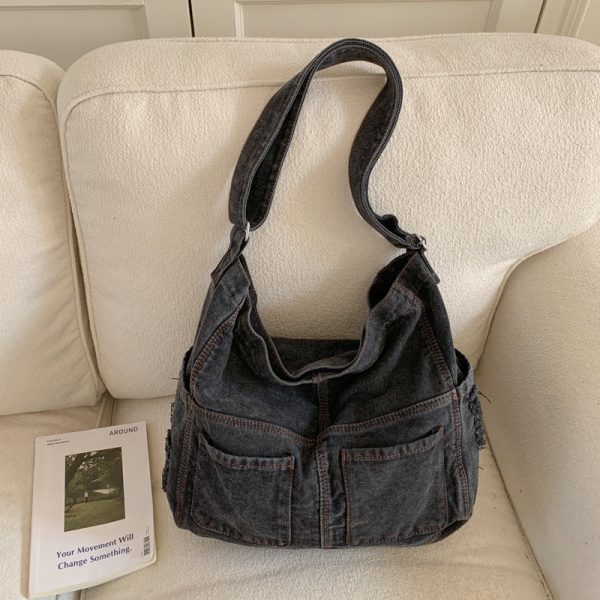 Retro Denim Shoulder Tote Bag Large Capacity Work Commuter