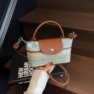 Rainbow Woven Straw Shoulder Bag Casual Crossbody Handbag