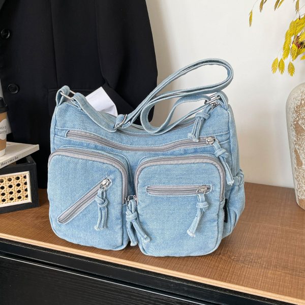 Trend Sense Denim Shoulder Bag Large Capacity Multi-Pocket Student Travel Messenger Bag