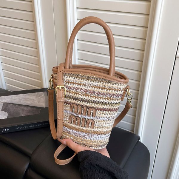 Striped Rainbow Straw Woven Bucket Bag Women Crossbody
