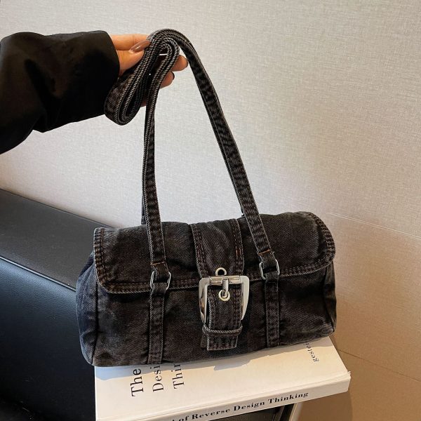 Retro Washed Denim Shoulder Bag – Large Capacity Commuter Bag