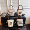 Striped Rainbow Straw Woven Bucket Bag Women Crossbody