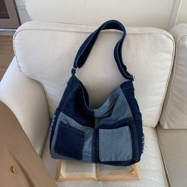 Retro Denim Shoulder Tote Bag Large Capacity Work Commuter
