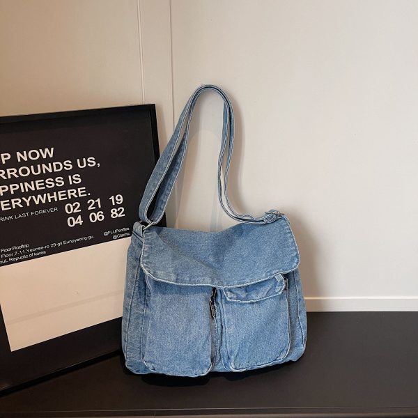 Retro Denim Messenger Bag Street Trend Casual Large Capacity Commuter Shoulder Bag