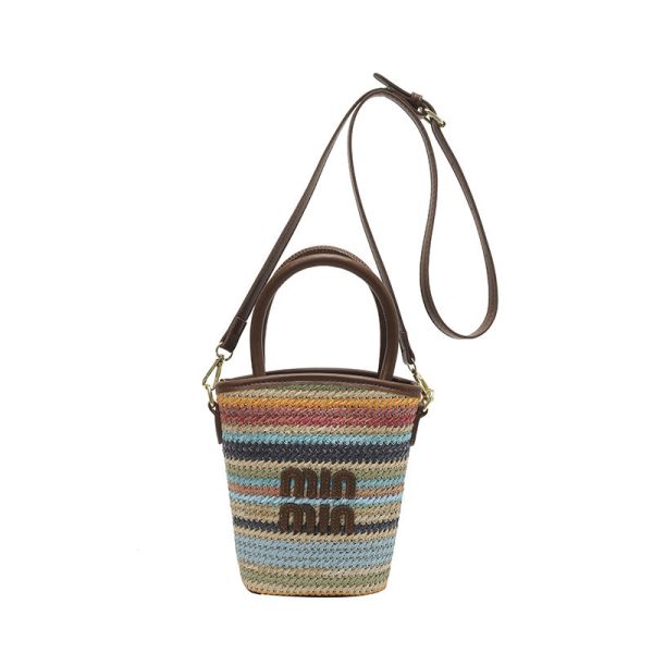 Striped Rainbow Straw Woven Bucket Bag Women Crossbody