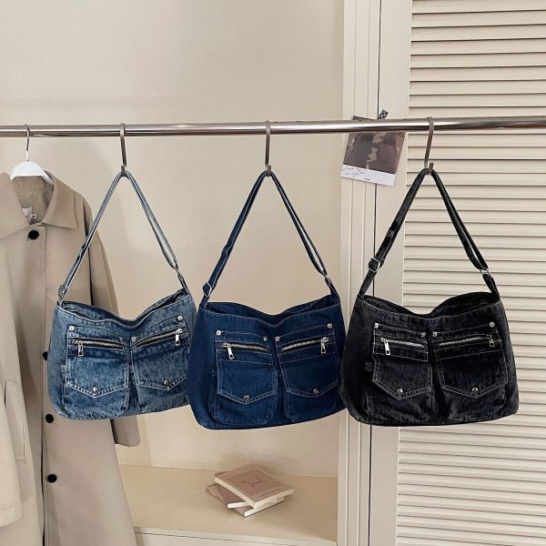 Large Capacity Denim Shoulder Bag for Commuters