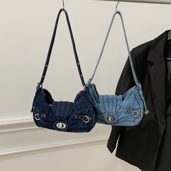 Retro Denim Shoulder Bag Women Lock Personality Splicing Handbag