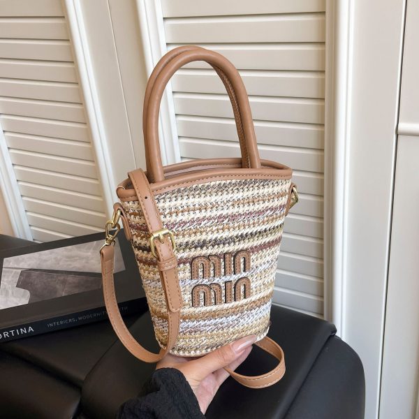 Striped Rainbow Straw Woven Bucket Bag Women Crossbody