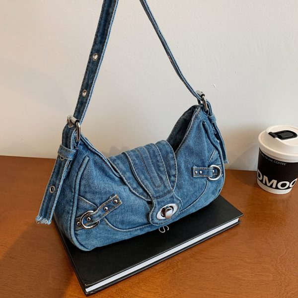 Retro Denim Shoulder Bag Women Lock Personality Splicing Handbag