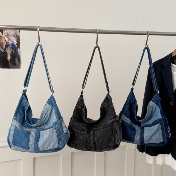Retro Denim Shoulder Tote Bag Large Capacity Work Commuter