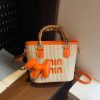 Bamboo Straw Bucket Bag Women Crossbody Shoulder Handbag