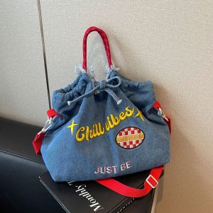 Ese Denim Embroidered Ballchain Tote Bag Large Capacity Shoulder Bag