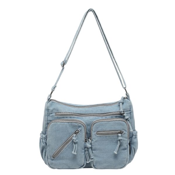 Trend Sense Denim Shoulder Bag Large Capacity Multi-Pocket Student Travel Messenger Bag