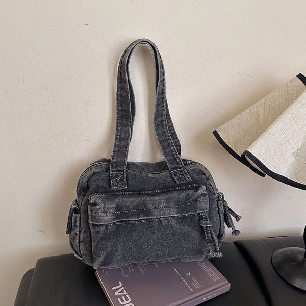 Large-Capacity Denim Tote Bag French Casual Commuting Retro Handbag
