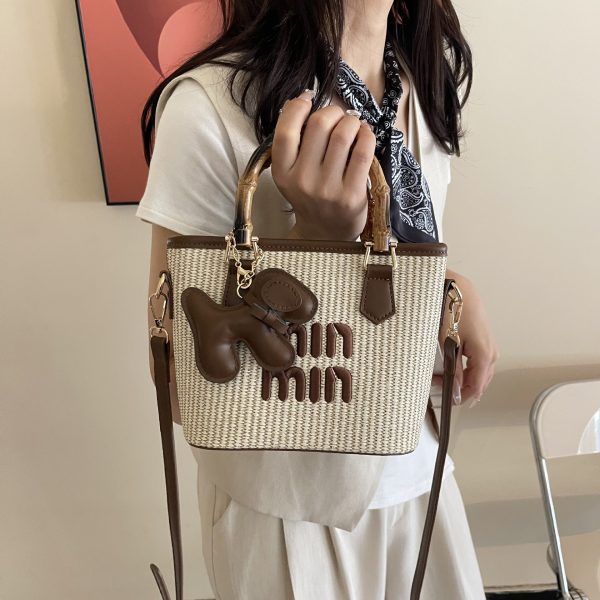 Bamboo Straw Bucket Bag Women Crossbody Shoulder Handbag