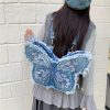 Retro Embroidered Letter Bow Backpack Washed Denim Large Capacity
