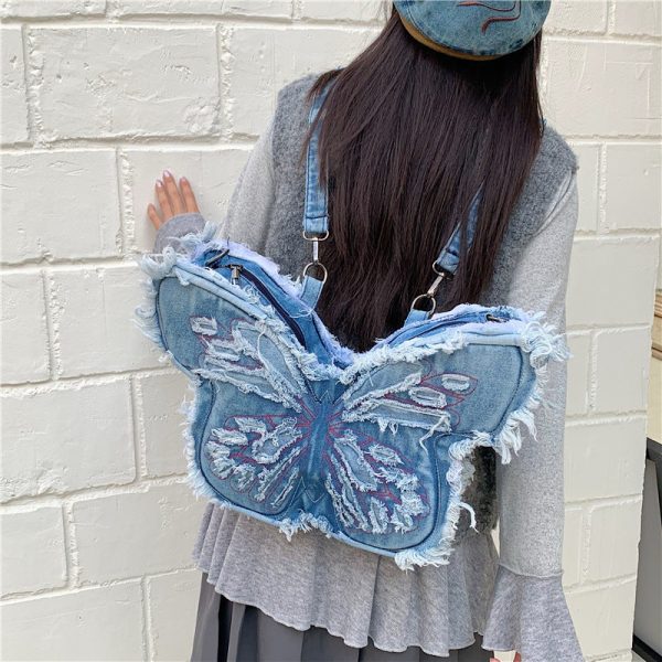 Retro Embroidered Letter Bow Backpack Washed Denim Large Capacity