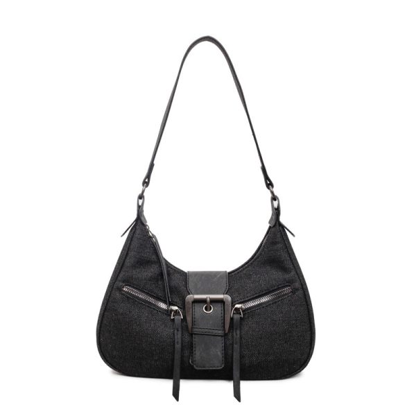 Retro Denim Crescent Shoulder Bag with Buckle