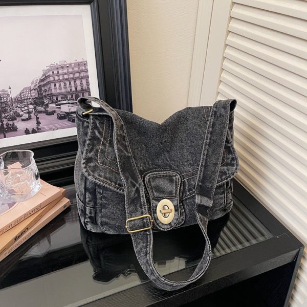 Retro Denim Shoulder Bag Large Capacity Commuter Messenger Bag
