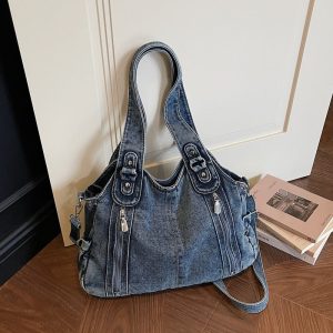 Retro Denim Messenger Bag Large Capacity Commuting Tote