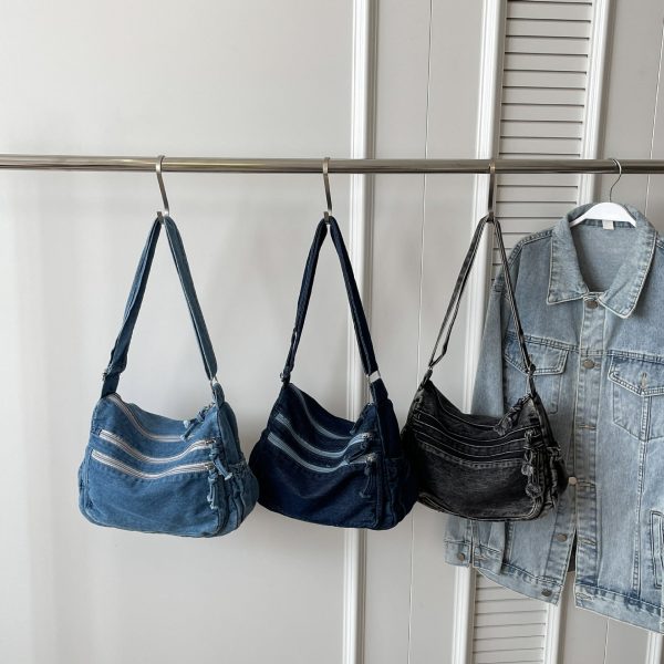 Plaid Denim Shoulder Bag for Women Spring Summer Large-Capacity Messenger Bag