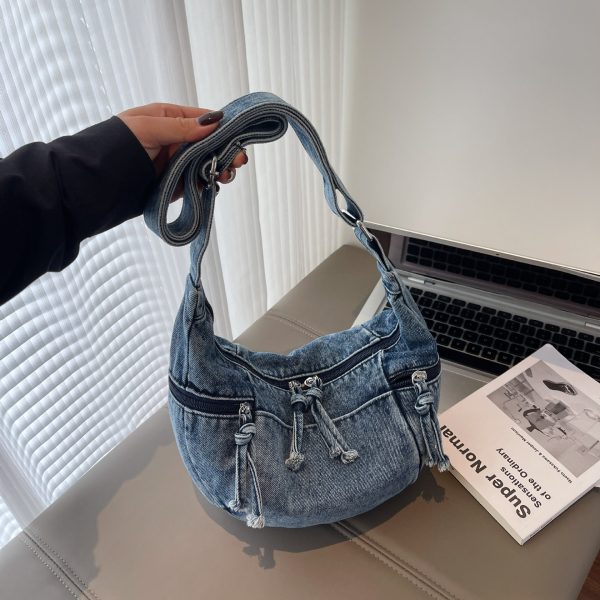 Dongdaemun Denim Messenger Bag Large Capacity Casual Pleated One-Shoulder