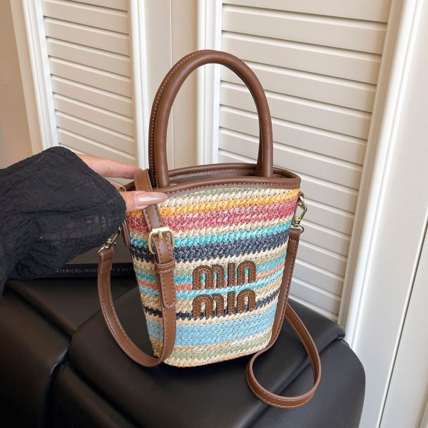 Striped Rainbow Straw Woven Bucket Bag Women Crossbody
