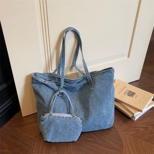 Retro Denim Commuter Tote Bag Large Capacity Shoulder Bag