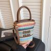 Striped Rainbow Straw Woven Bucket Bag Women Crossbody