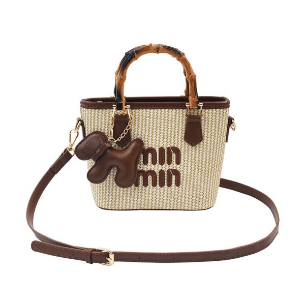Bamboo Straw Bucket Bag Women Crossbody Shoulder Handbag